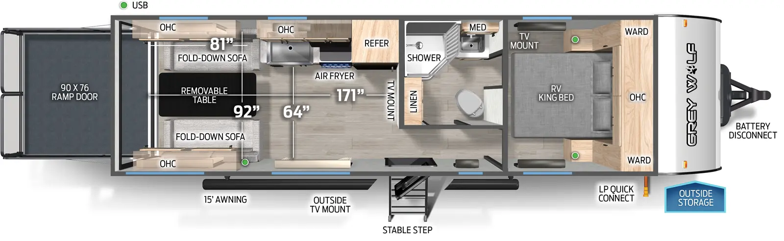 The Grey Wolf 25RRT floorplan is a toy hauler that has one entry and zero slide outs. Exterior features include: metal exterior and 15' awning. Interiors features include: front bedroom.